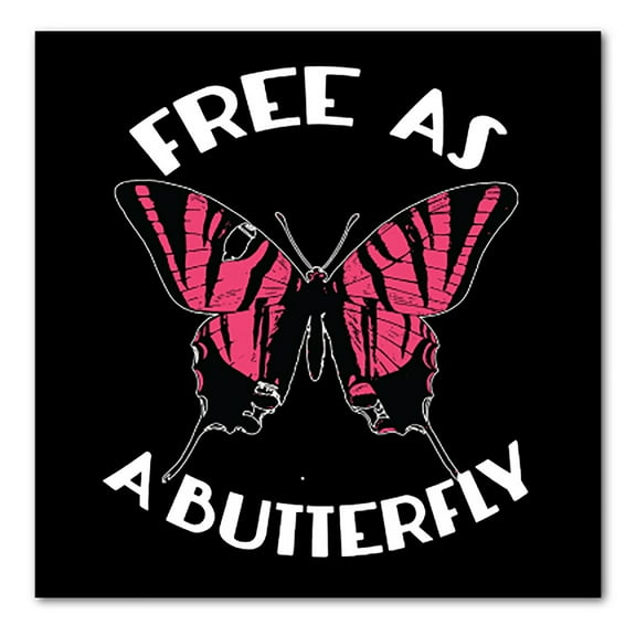 DistinctInk Custom Bumper Sticker - 8" x 8" Decorative Decal - Black Background - Free as a Butterfly - Pink