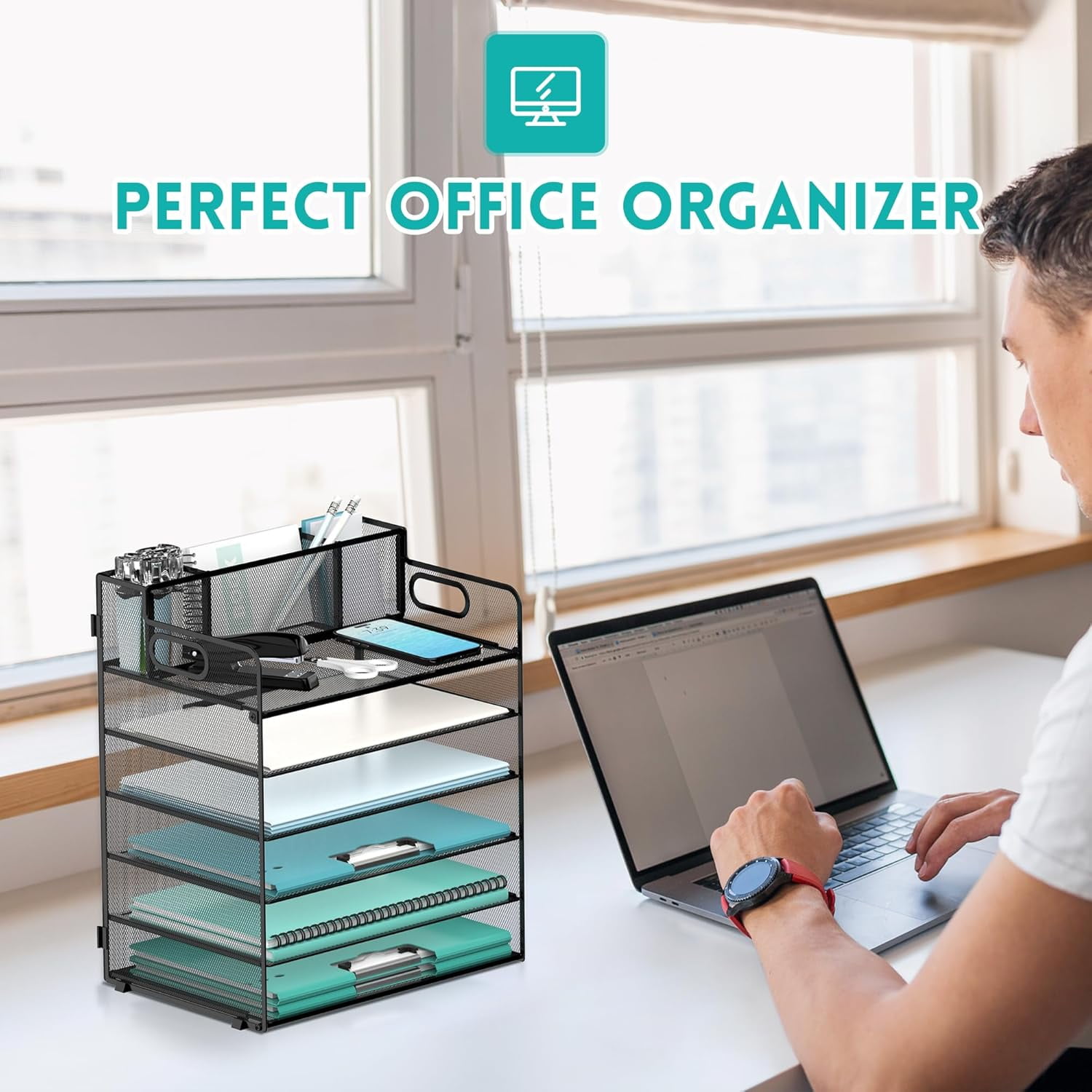 INTIGE 6-Tier Metal Desk Organizer, File Organizer with 3 Pen Holders and Handle, Black,1 Pcs