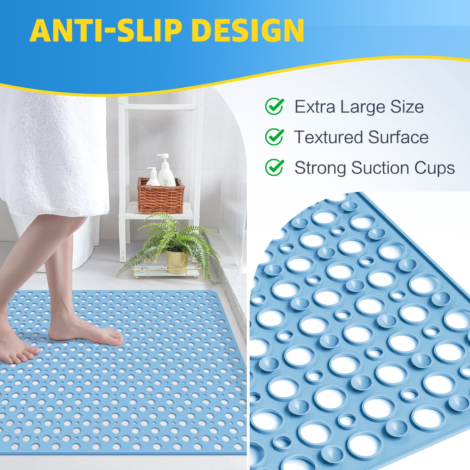 OTHWAY Large Shower Mat, 47x32 TPE Anti Slip Shower Mat, Heavy Bath Mats for Shower with Drain Holes Suction Cups, Shower Stall Mat for Bathroom, No Odor Shower Grip Mat for Elderly (Light Blue)