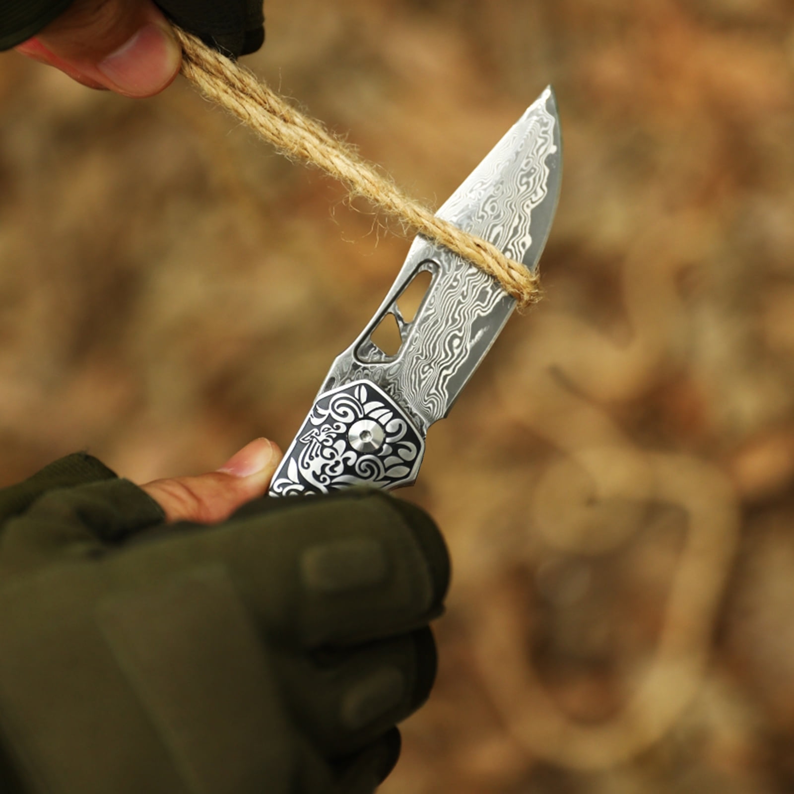 Dispatch Folding 4" Damascus Pocket Knife with Red Wood Handle