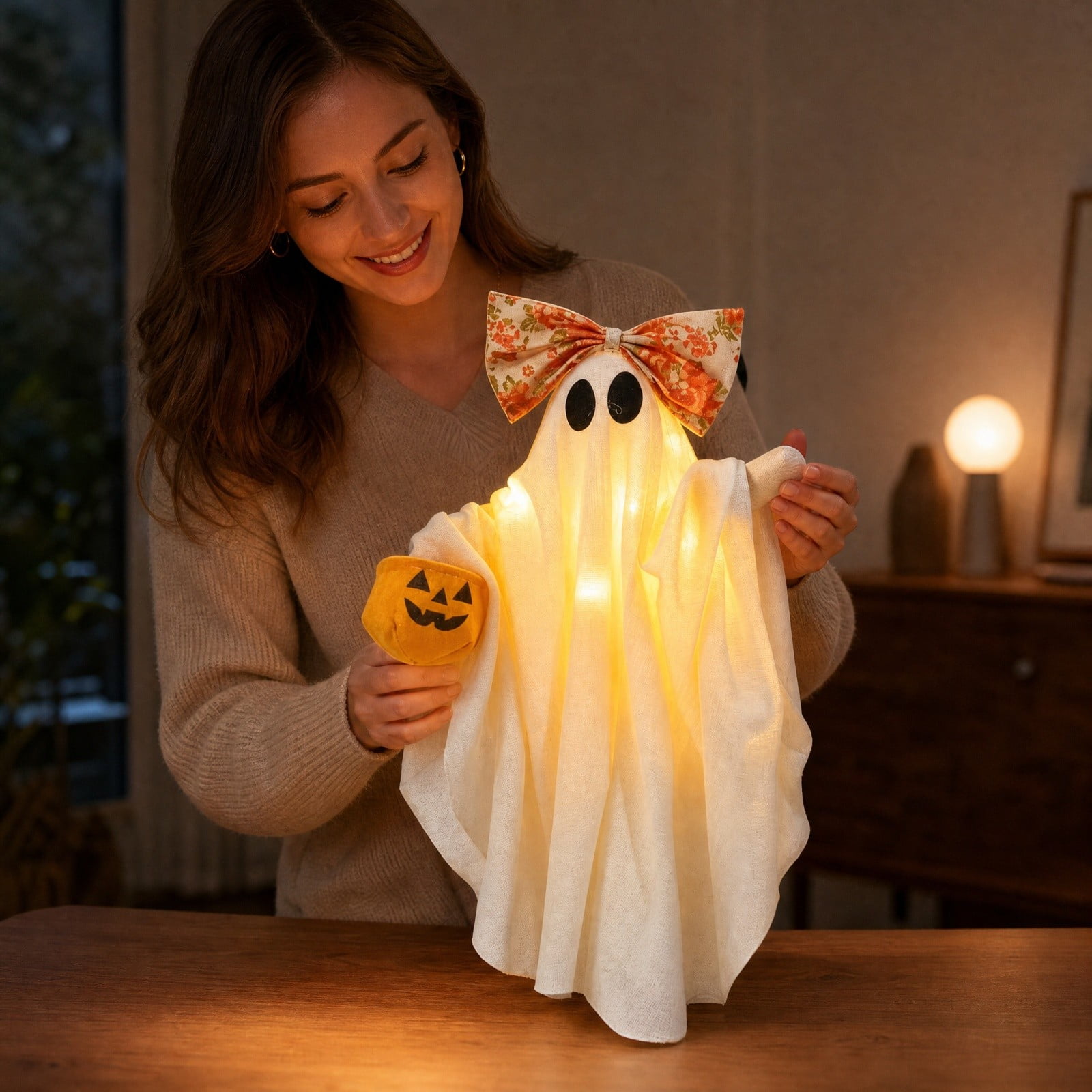 Fufafayo Holiday Ghost Hanging Ornament Light Up Floral Bow Ghost Decor for Indoor Outdoor Warm White Glowing Fabric Ghost Cottagecore Spooky Holiday Decorations for Home Mantel Porch Yard