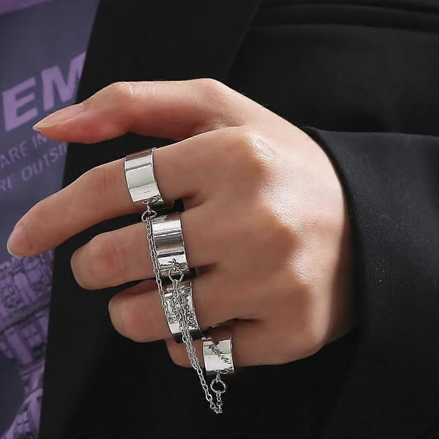 HOT Fashion Punk Simple Silver Color Metal Chain Open Finger Ring Set For Women Men Unisex Mittens Wrist Rings Punk Hiphop Jewelry