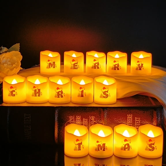 FCMSHAMD 1.6 Inch Mini LED Pillar Candle UV Printed Tea Light Flameless Candles Battery Operated Tealight Candle for Holiday Party Home Decor, 14 Pcs