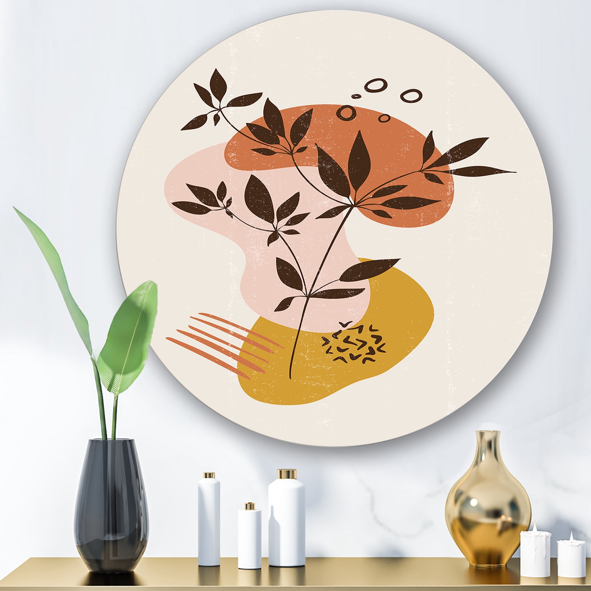 Designart 'Minimalist Shapes With Ancient Plant II' Modern Circle Metal Wall Art 11x11 - Disc of 11