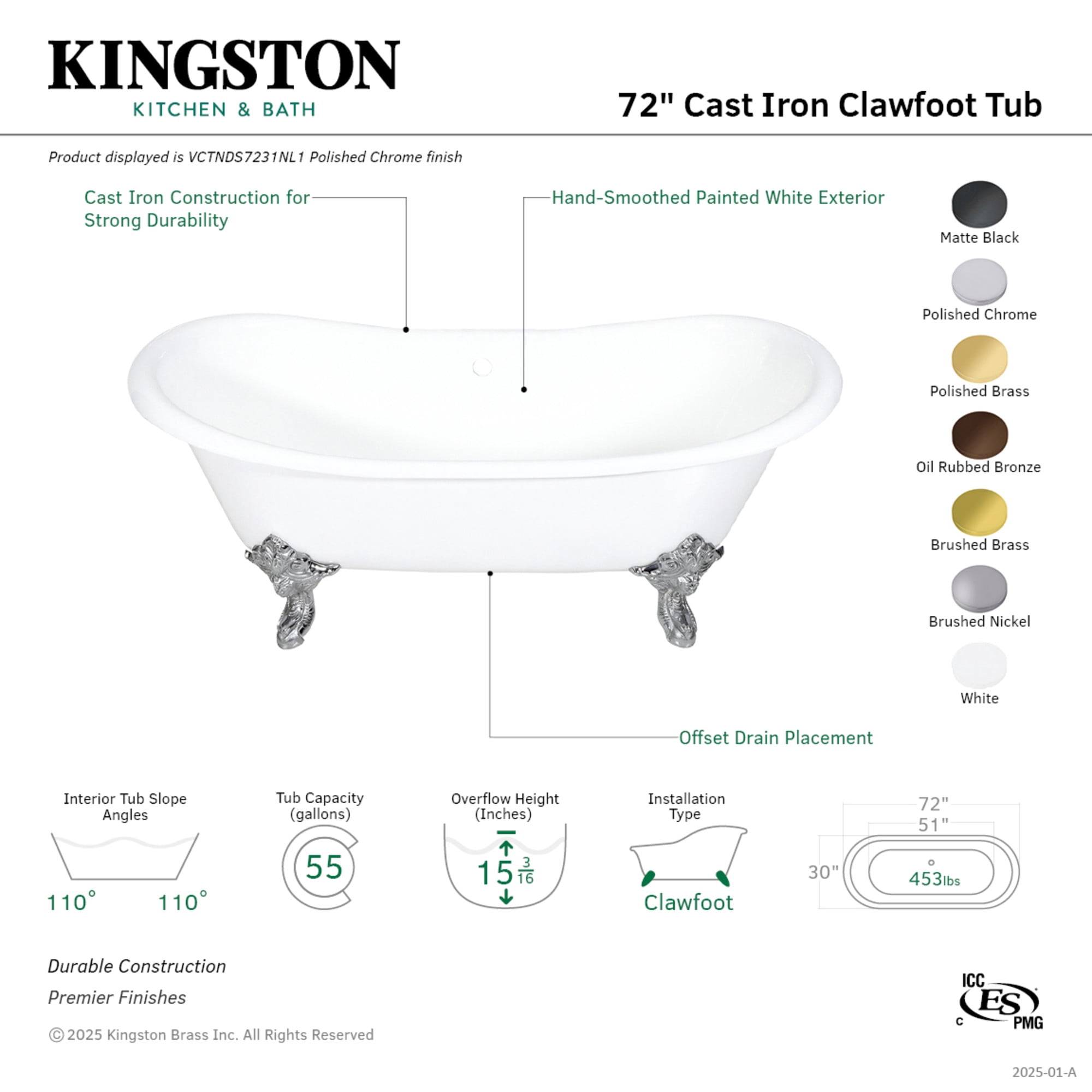 Aqua Eden VCTNDS7231NL1 72" Cast Iron Oval Double Slipper Clawfoot Tub (No Faucet Drillings), White/Polished Chrome