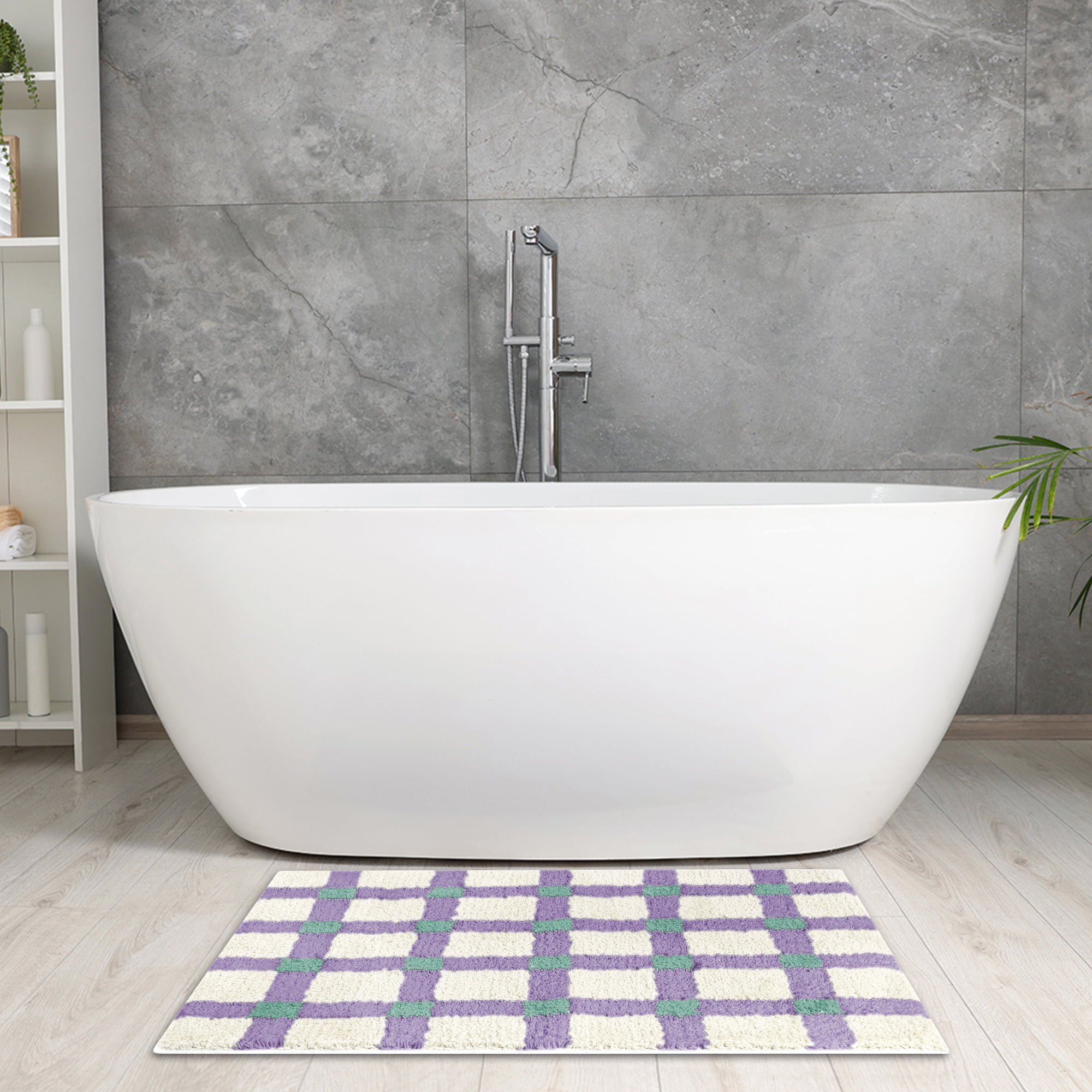 Unique Bargains Checkered Non Slip Bath Mats Fluffy Absorbent Rugs Purple Green 16" x 24"