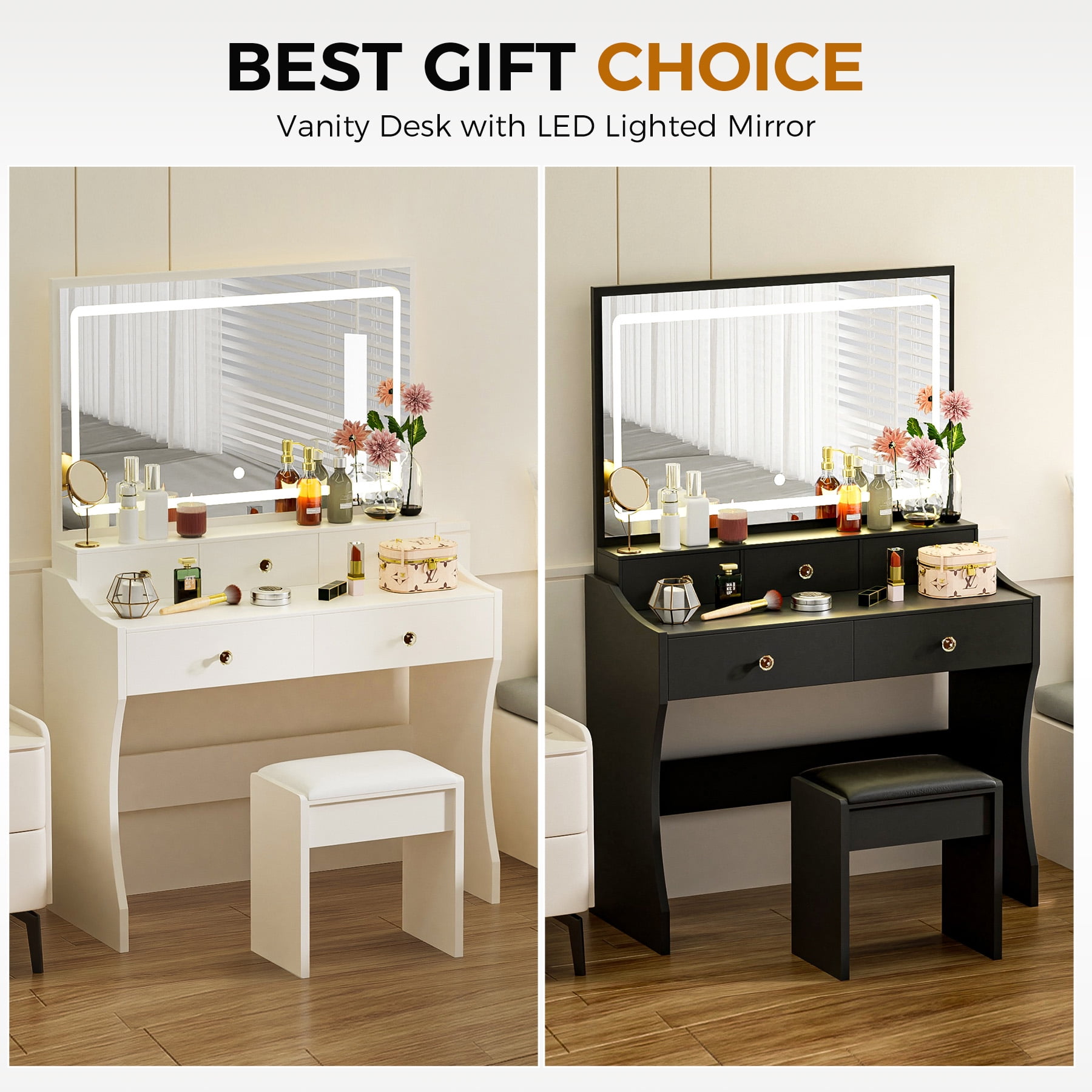 COMHOMA Makeup Vanity Desk with Mirror and Lights, Vanity Table and Chair Set with 5 Drawers and Charging Station, Black