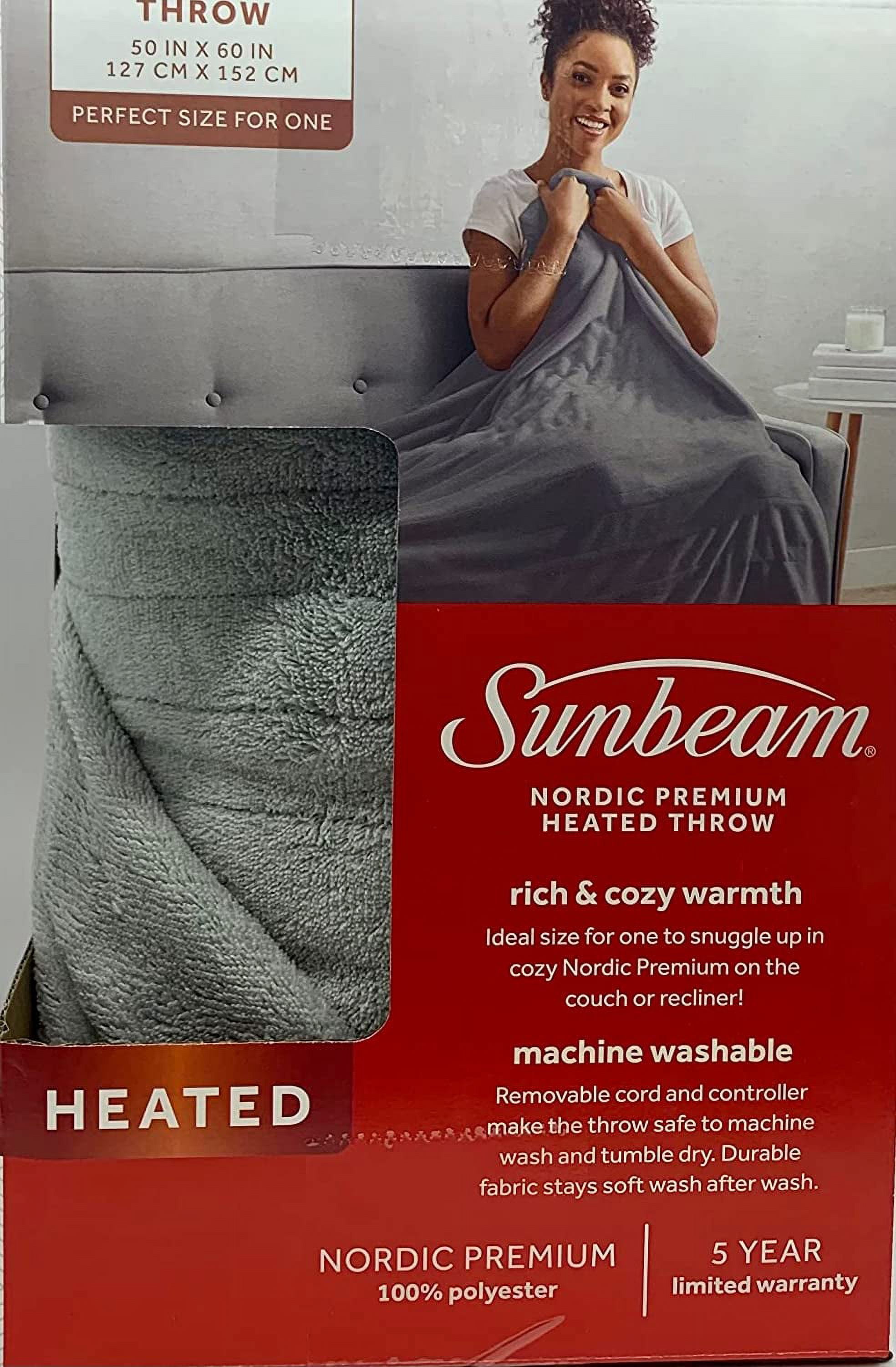 Sunbeam Nordic Premium Electric Heated Throw Blanket with 4 Heat Settings Controller, 4-Hour Auto Shut-Off, Overheat Protection UL Certified (50" x 60") (Marble Grey)