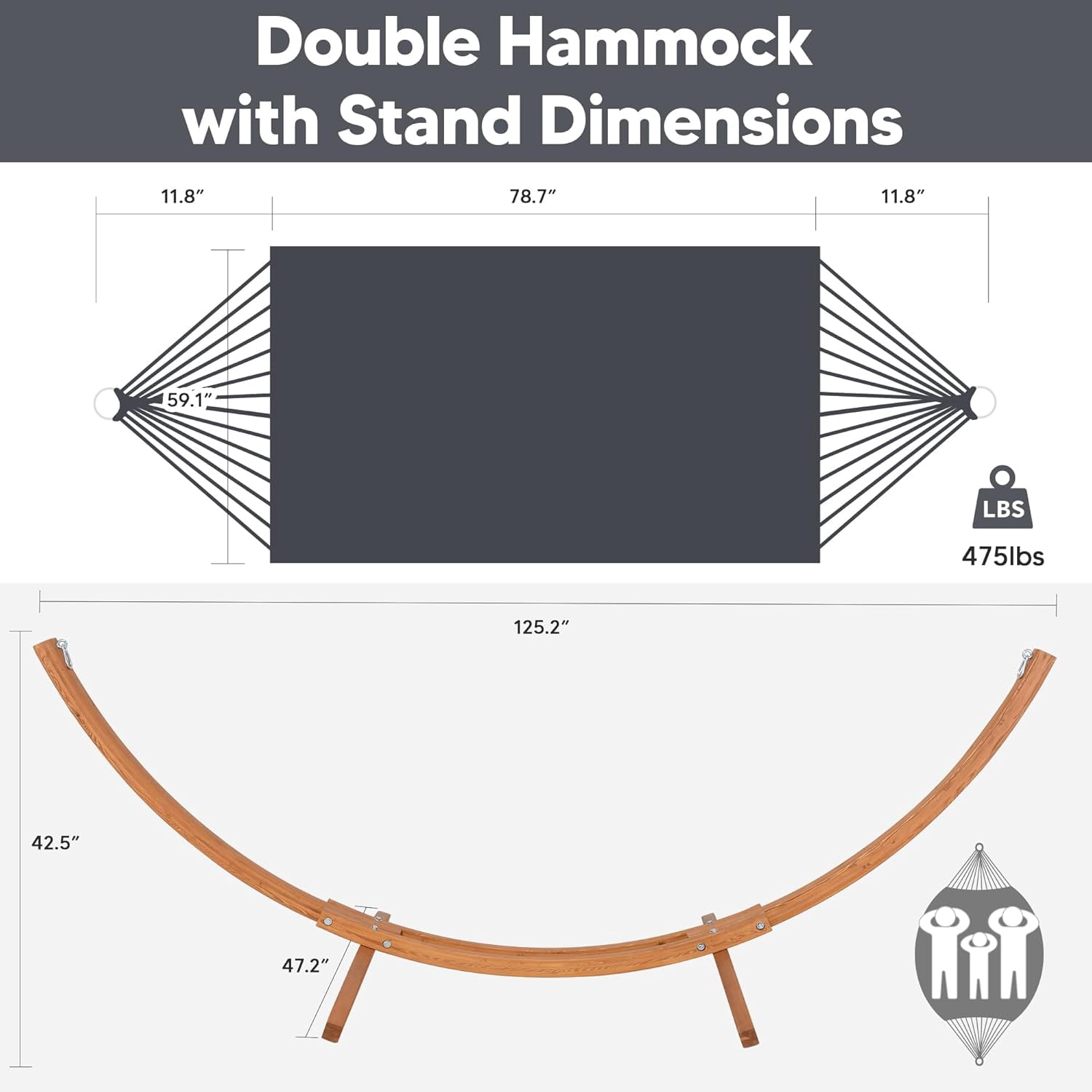 SUNCREAT 2 Person Hammock with 10 ft Wooden Stand Included, Outdoor Hammocks for Outside, 475 lbs Capacity, Dark Gray