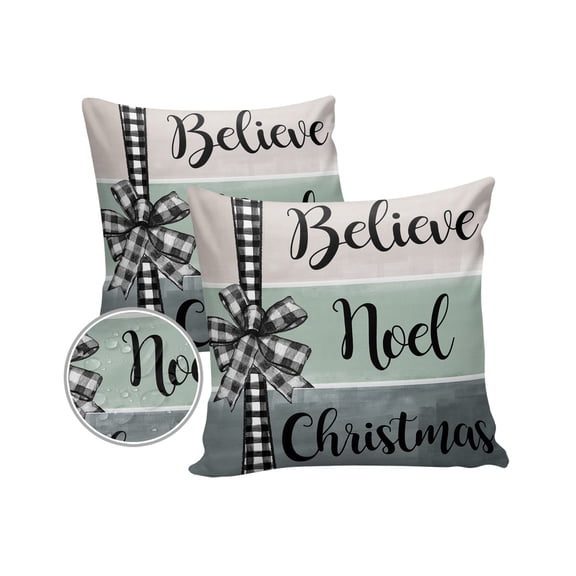 Pack of 2 Outdoor Pillow Covers, Believe Noel Christmas Buffalo Plaid Bowknot Waterproof Square Throw Pillowcase Cushion Decorative Pillow Covers for Couch Patio Tent, 16x16 in