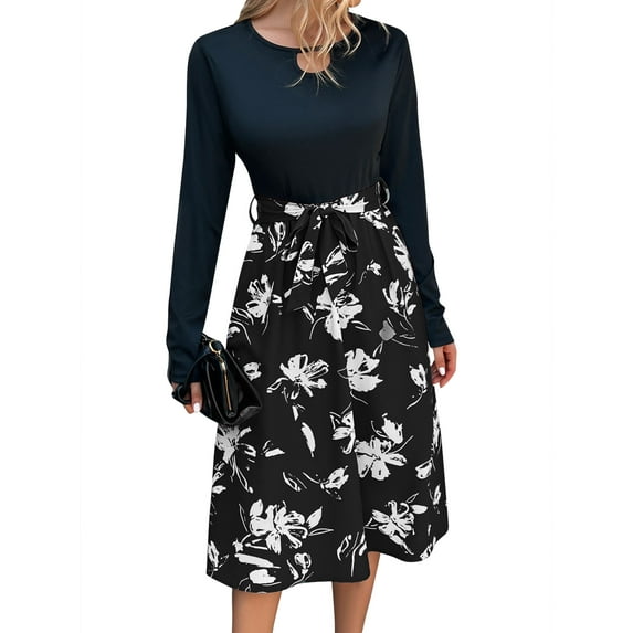 Xuanfei Women Round Neck Floral Print Hollow Out Tie Waist Long Sleeve Midi Dress