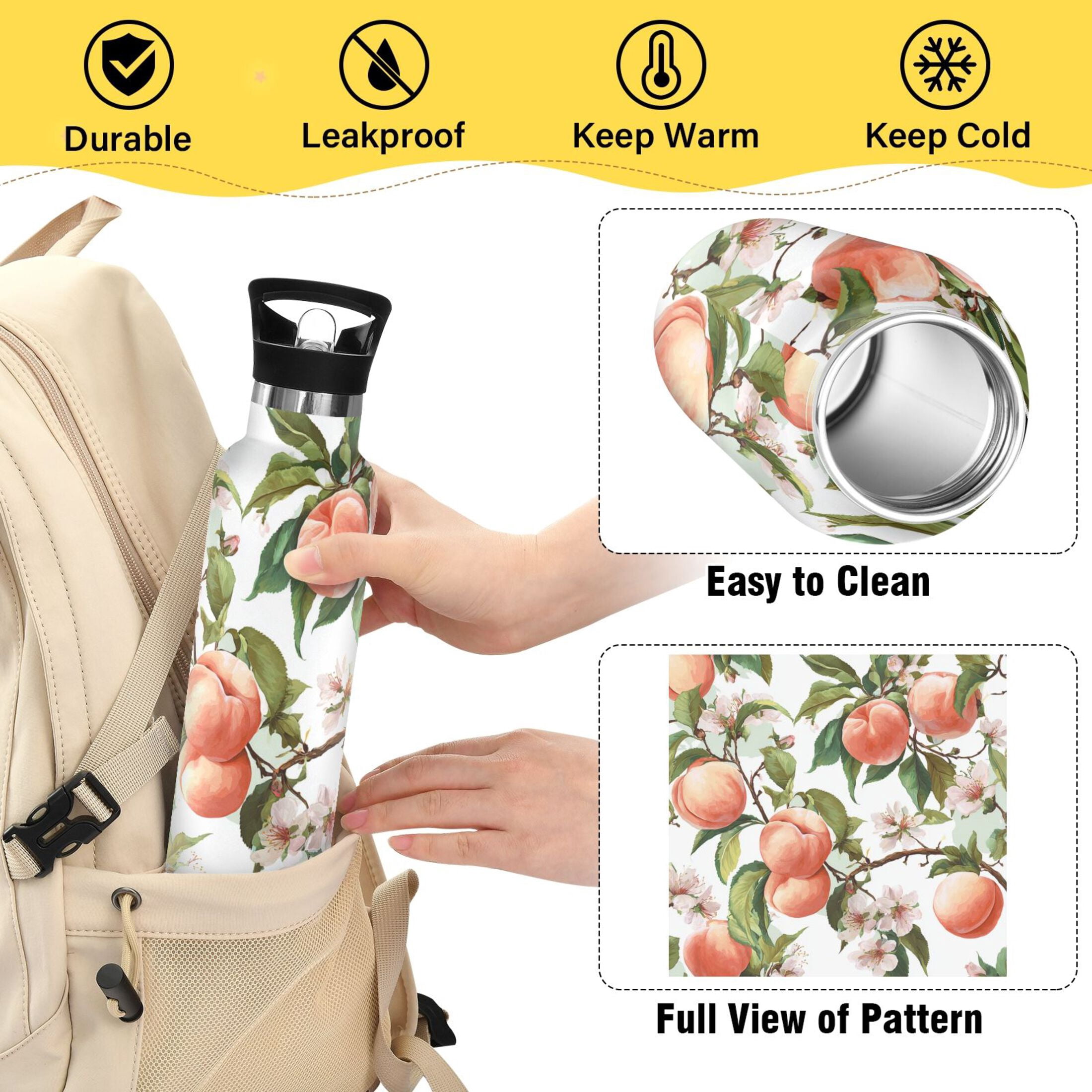 Kids Insulated Stainless Steel Sports Water Bottle 600ml (20oz) Peach Fruit Pattern