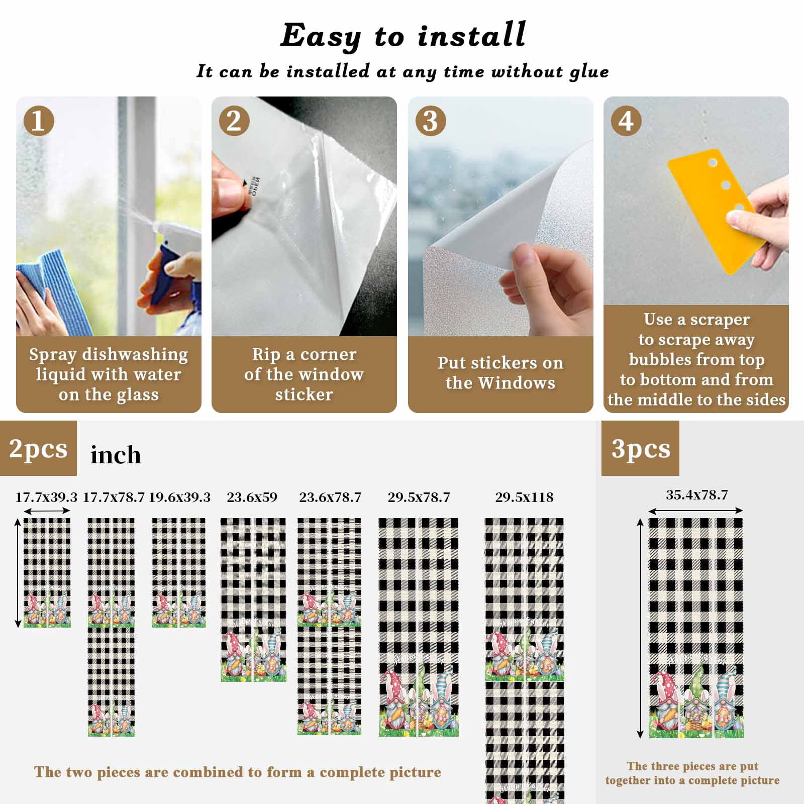 Happy Easter Window Privacy Film, Watercolor Gnomes Colorful Eggs Floral Greenery Black Plaid Frosted Glass Window Clings Static Cling UV Heat Blocking Reusable Sticker for Bedroom 17.7x78.7 Inch