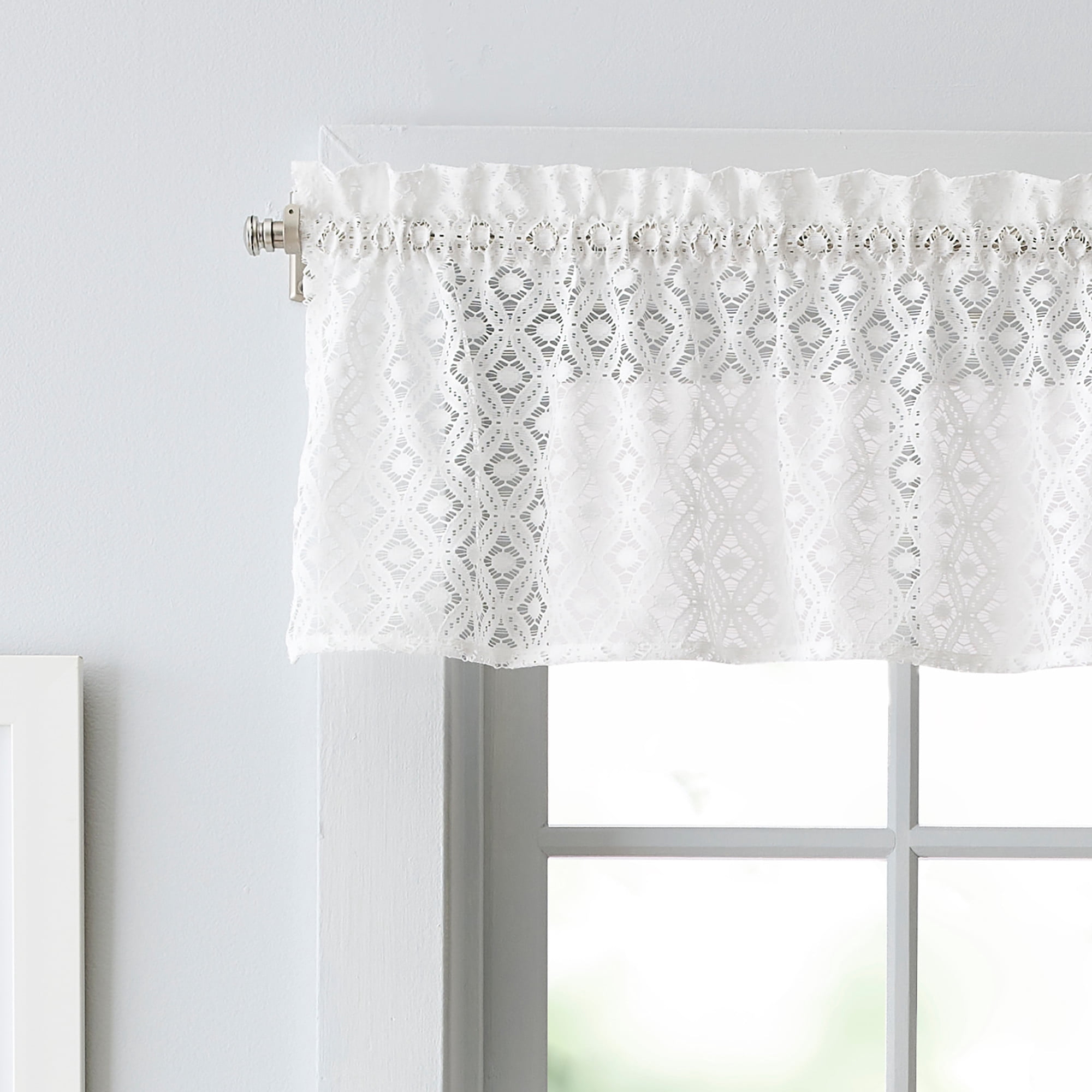 Martha Stewart Canterbury Lace 3 Piece Valance & Tier Set White, Rod Pocket, Sheer, Indoor, Adult, 60" x 14"