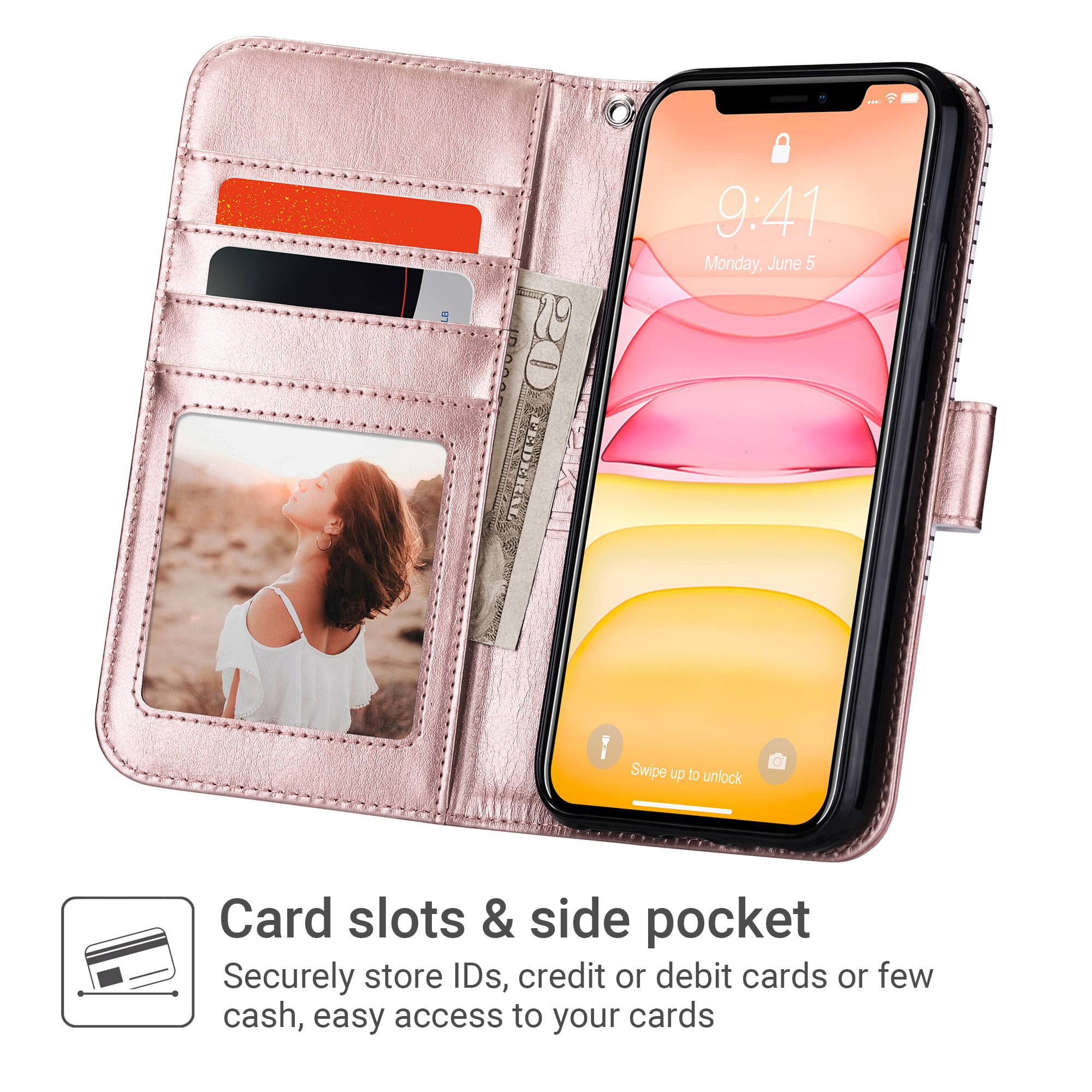 PU Leather Flip Cover Compatible with iPhone 11 Elegant Rose Gold Wallet Case for iPhone 11 