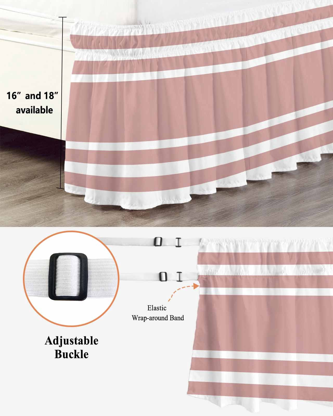 Pink Geometric Bed Skirt Queen Size 18 Inch Drop, Stripes Adjustable Elastic Dust Ruffles Bedskirt for Queen Bed Wrap Around Pleated Mattress Frame Cover
