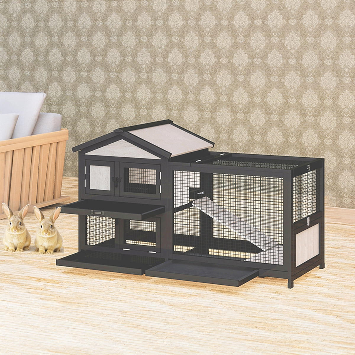 Large Rabbit Hutch Indoor Outdoor Chicken Coop Wooden Bunny Cage with Waterproof Roof