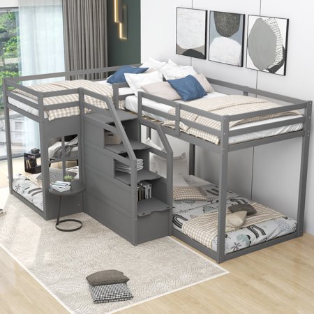 Hassch Twin Over Twin L-Shaped Bunk Bed With Built-In Middle Staircase Gray