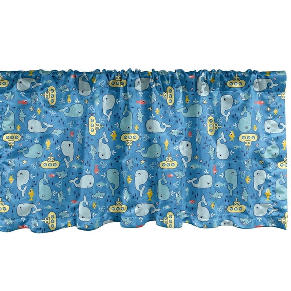 Ambesonne Submarine Window Valance, Sharks Whales Fishes, 54" X 18", Multicolor