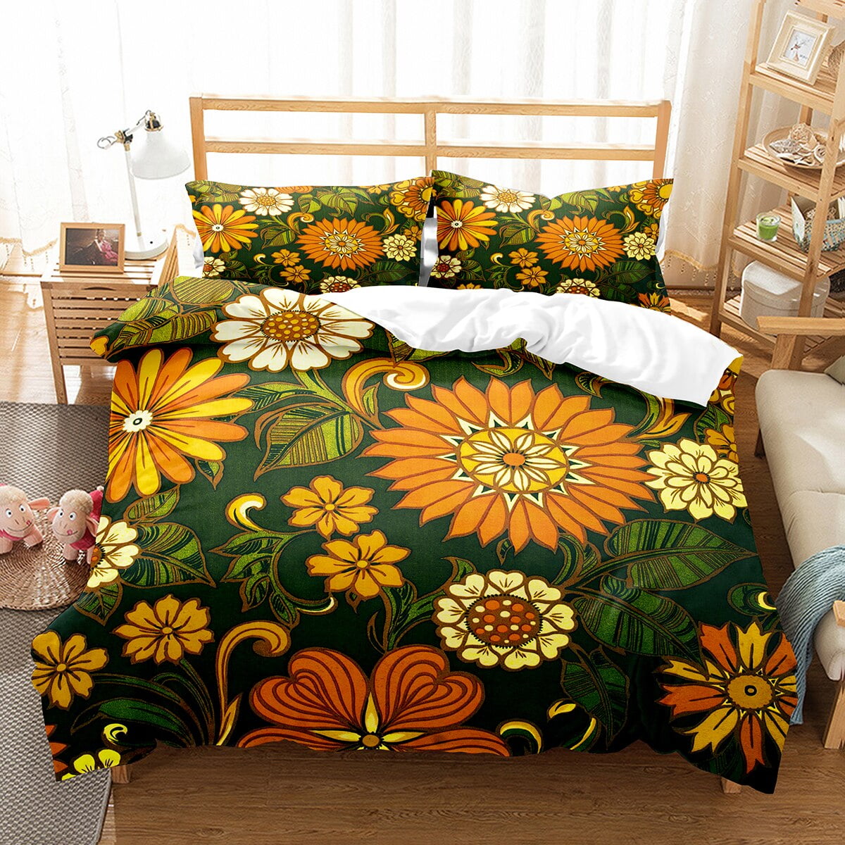 Daisy Duvet Cover Set White Floral Pattern Bedding Set Romantic Leaves