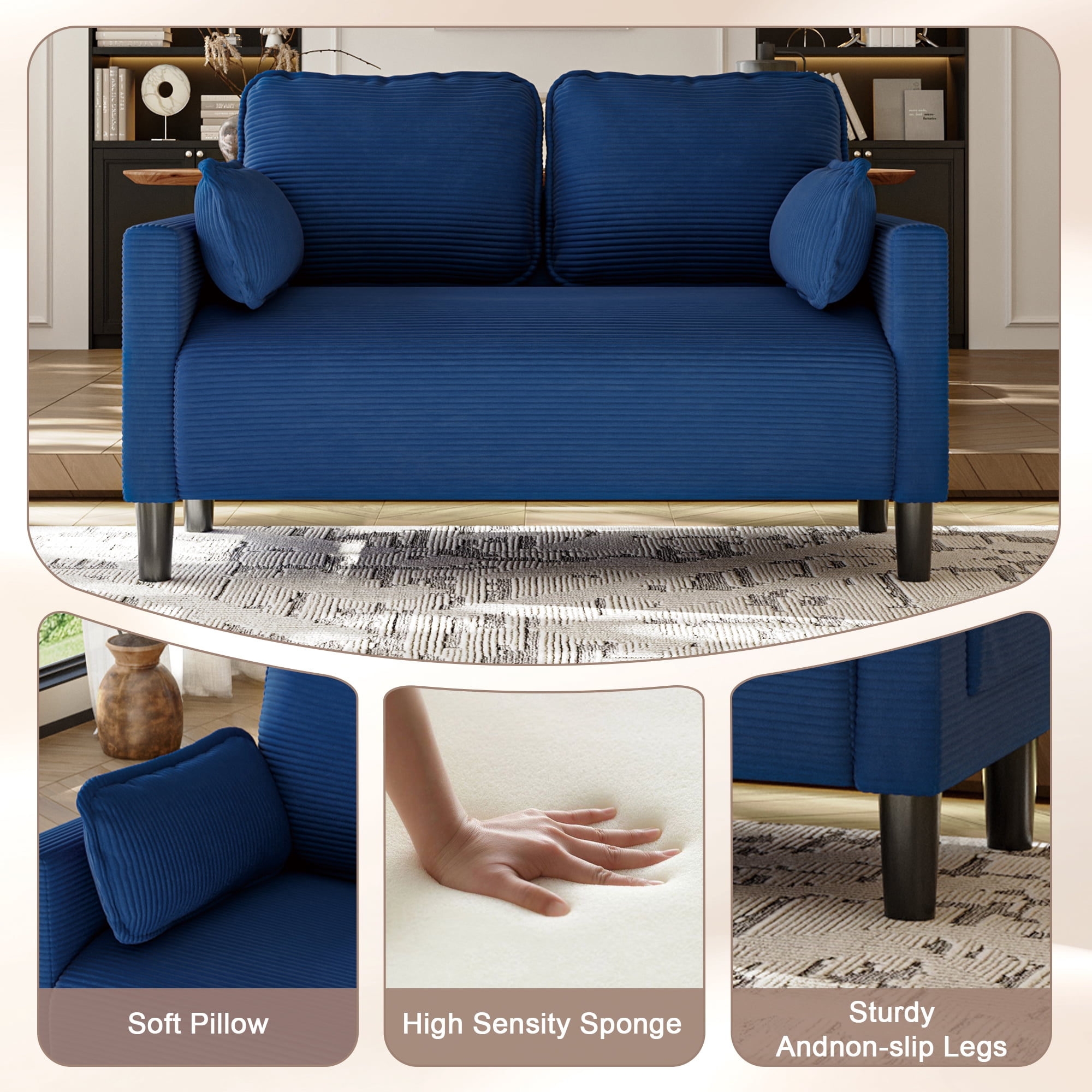 Leumius Corduroy Loveseat Couch,48" W Upholstered 2 Seater Sofa with Side Storage Pocket,Modern Small Sofa Couches for Small Spaces,Apartement,Blue