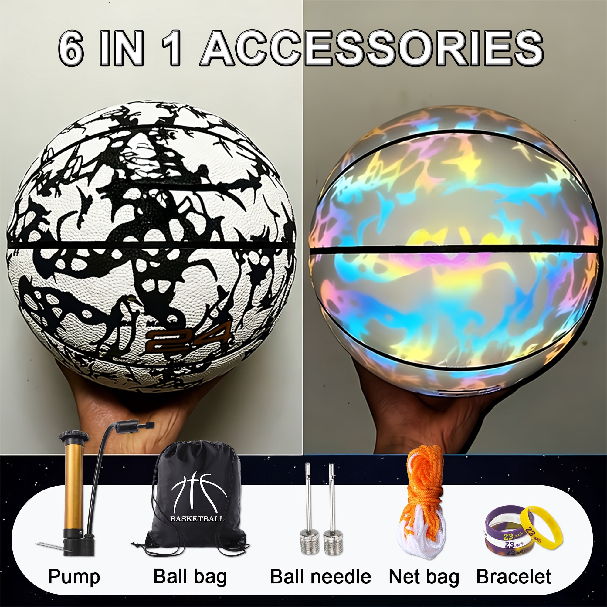 Reflective basketball, 9.67 inch reflective basketball - the perfect gift for Christmas, Thanksgiving, and Halloween, made of durable PU material, perfect for adult training and competition