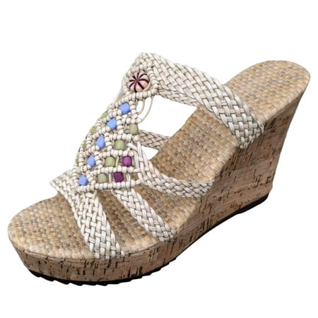 

Ladies Bohemian Straw Open Toe On Slope Heel Thick Soled Roman Sandals Slippers Royally Comfortable Versatile Relaxed Active