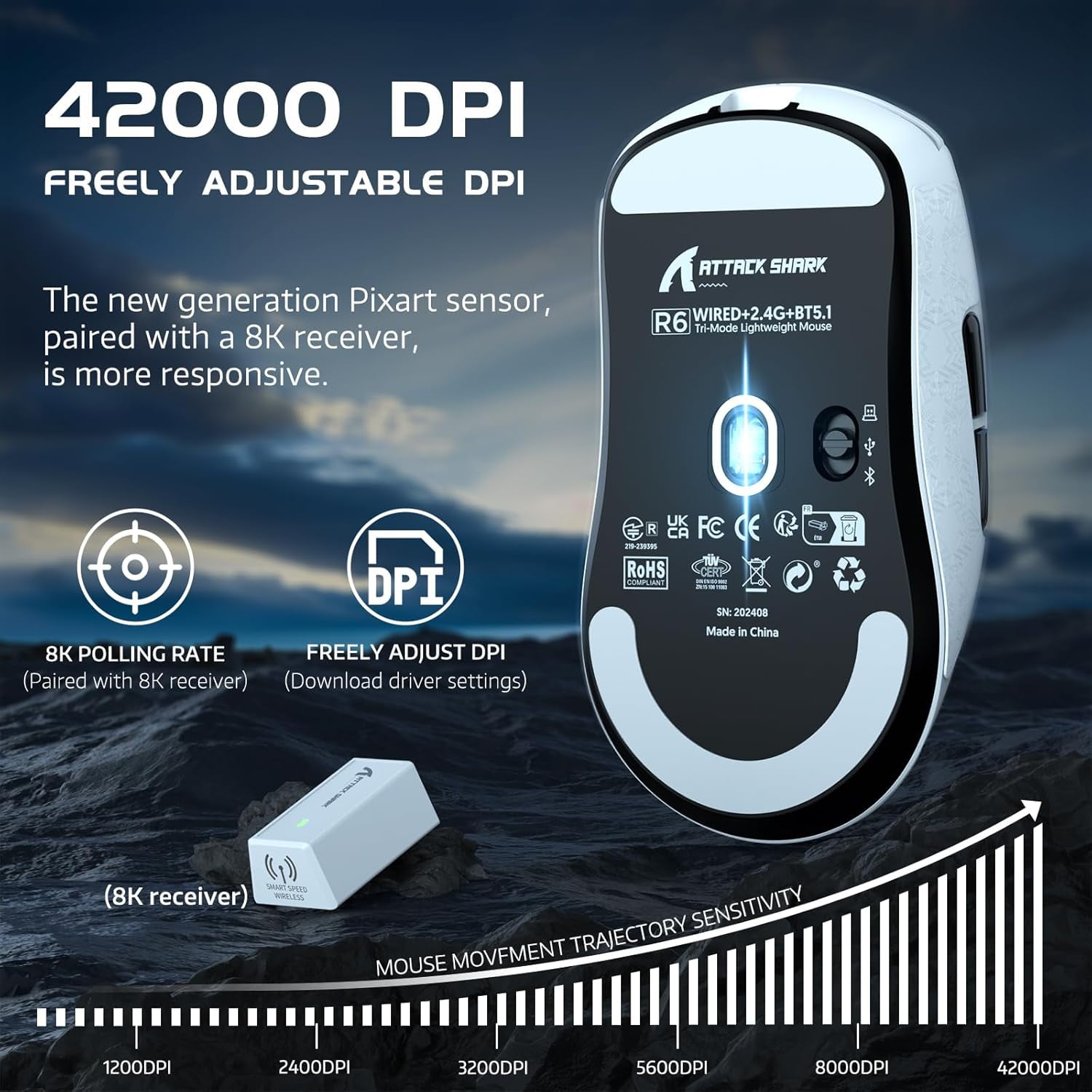 ATTACK SHARK R6 39g SUPERLIGHT Mouse with Grip Tape, PixArt PAW3950MAX Gaming Sensor, Wireless 8K Mouse, MCU Nodic 52840, BT/2.4G/Wired Gaming Mouse, Adjustable DPI 42000, for Win11/Xbox/PS/Mac -White