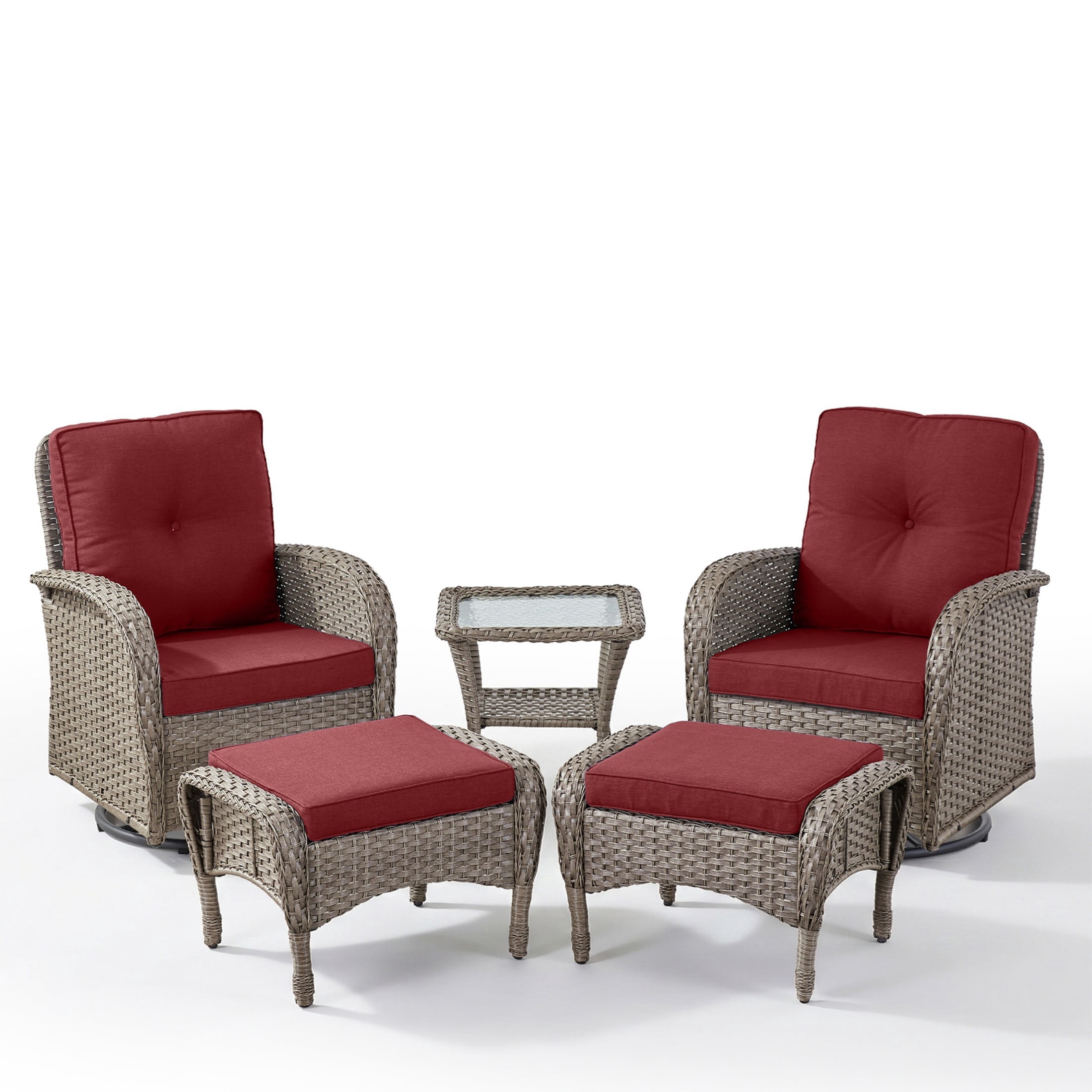 Unnifurnzi 5 Pieces Outdoor Wicker Patio Furniture Set-High Back Outdoor Rocking Chairs Set of 2 with Ottoman Patio Conversation Sets for Deck Lawn Porch Balcony Poolside-Gray/Red