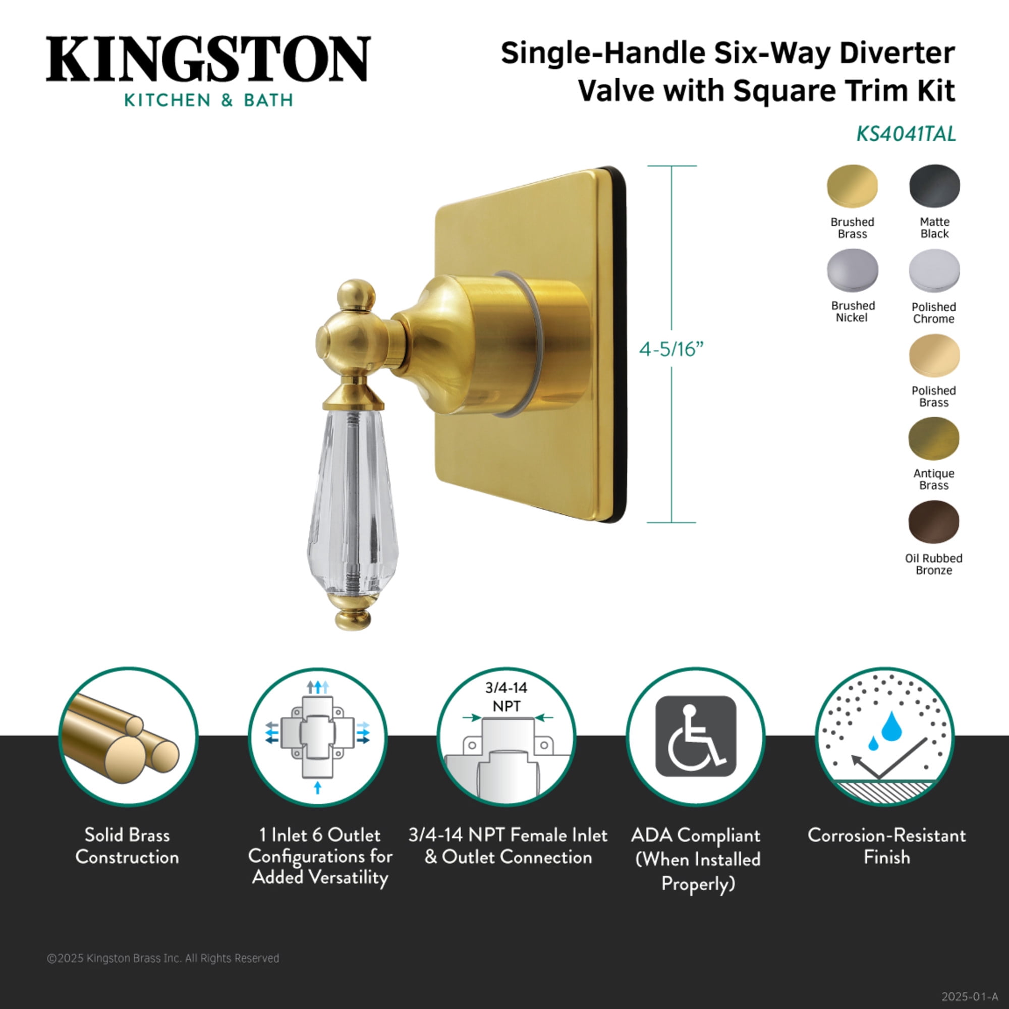 Kingston Brass KS4048WLL Willshire Single-Handle Six-Way Diverter Valve with Square Trim Kit, Brushed Nickel