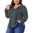 thumbnail image 4 of Agnes Orinda Women's Plus Size Top Long Sleeve Pleated Notch V Neck Floral Tunic Dressy Casual Blouses 1X Black Blue, 4 of 6