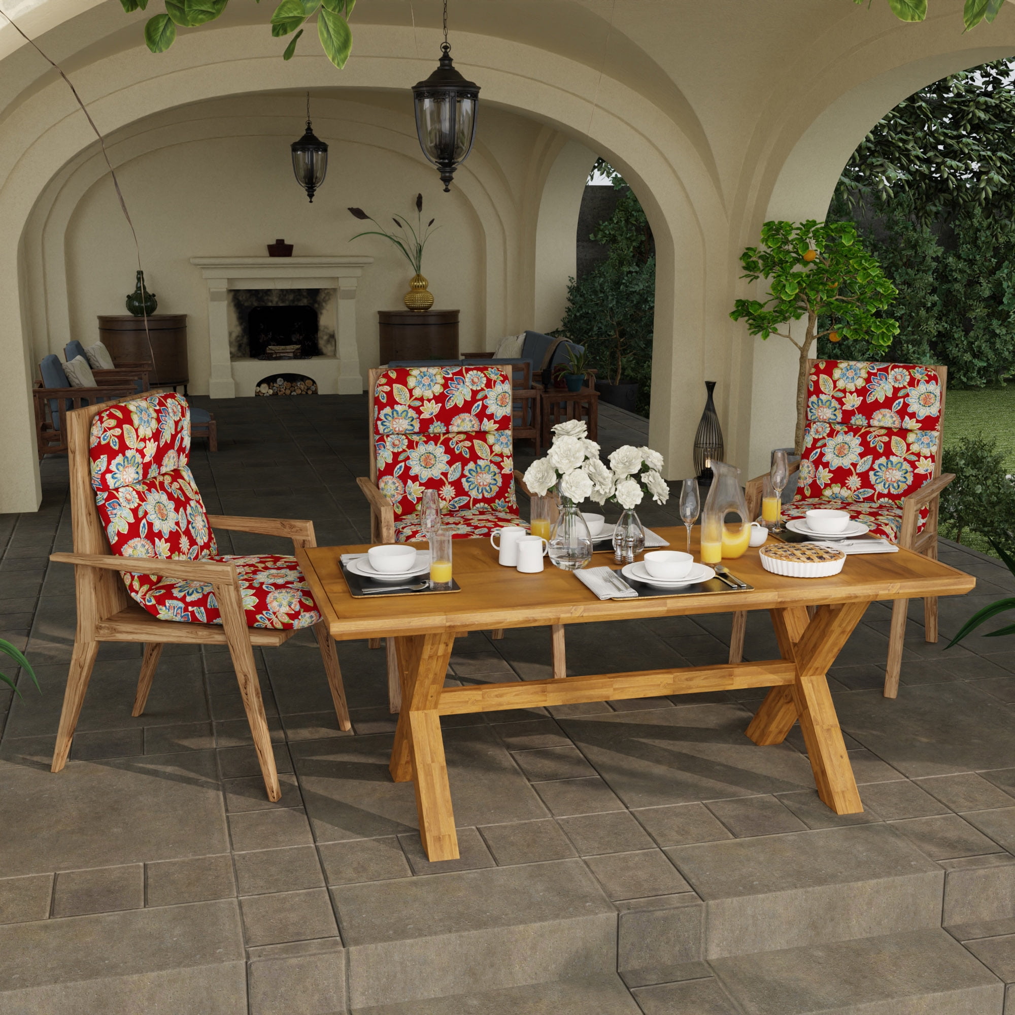 Jordan Manufacturing 45" x 22" Daelyn Cherry Red Floral Rectangular Outdoor Chair Cushion with Ties and Hanger Loop