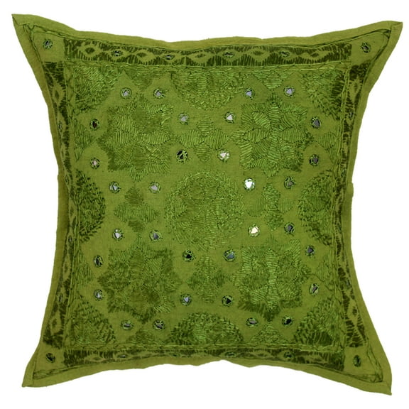 Stylo Culture Ethnic Chair Seat Throw Pillow Cover 16 x 16 Hand Embroidered Parrot Green Boho 40 x 40 cm Home Decor Cotton Mirrored Square Cushion Cover | 1 Pc
