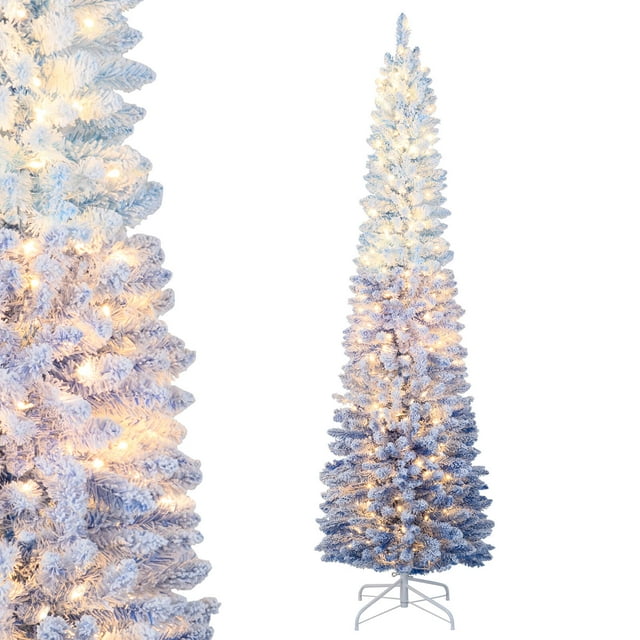 Costway 7 FT Snow-flocked Artificial Christmas Tree with 290 Warm White LED Lights,8 Modes