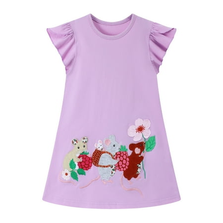 HILEELANG Toddler Girls Short Sleeve Dress Cotton Casual Purple Mouse Applique Jersey Shirt Playwear Dresses 3T
