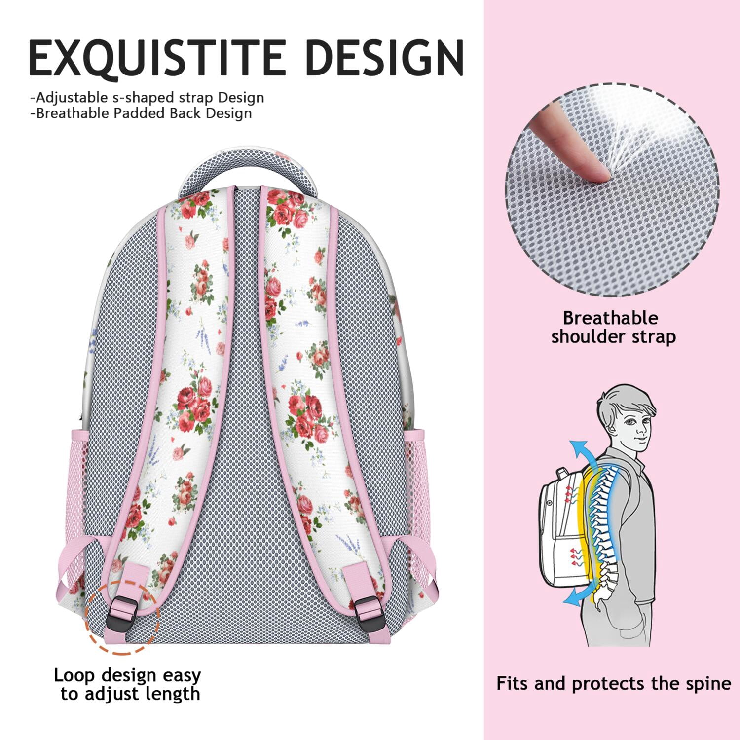 Romantic Rose and Peony Pattern Bookbag - Lightweight School Backpack with Padded Straps