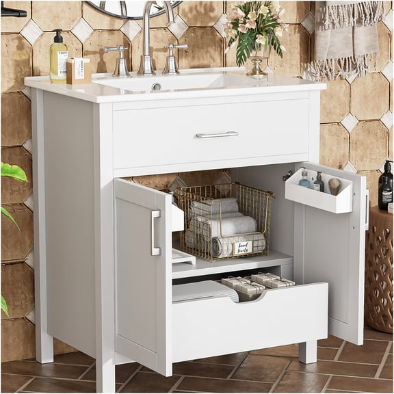 JERFIT 30 inch Bathroom Vanity with Sink, White Freestanding Storage Cabinet with Ceramic Basin, Soft Close Doors for Small Space