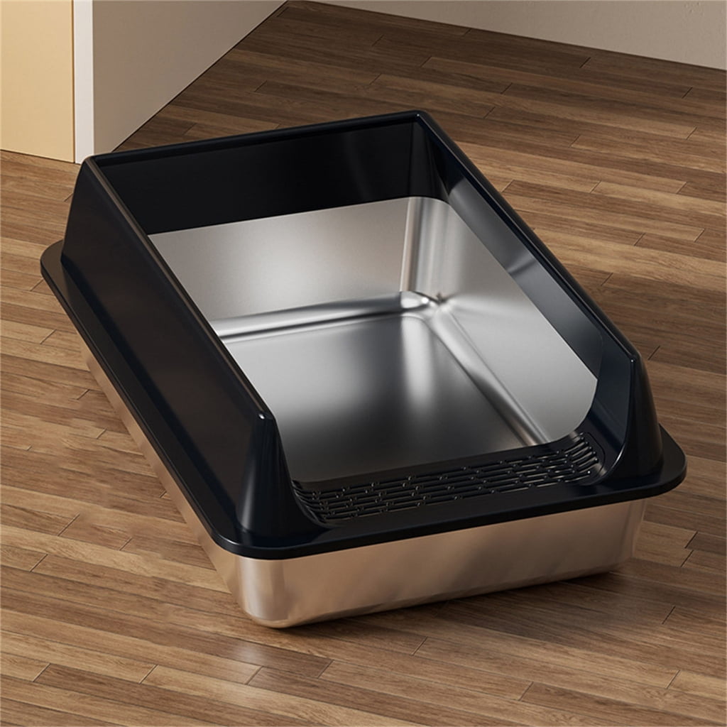 Zeiwohndc Low Entry Stainless Steel Pet Cats Litter Box Half Enclosed Litter Container