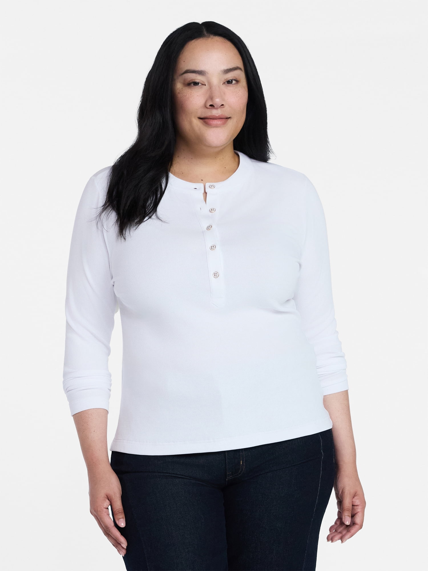 Time and Tru Women's Ribbed Henley with Long Sleeves, Sizes XS-XXXL