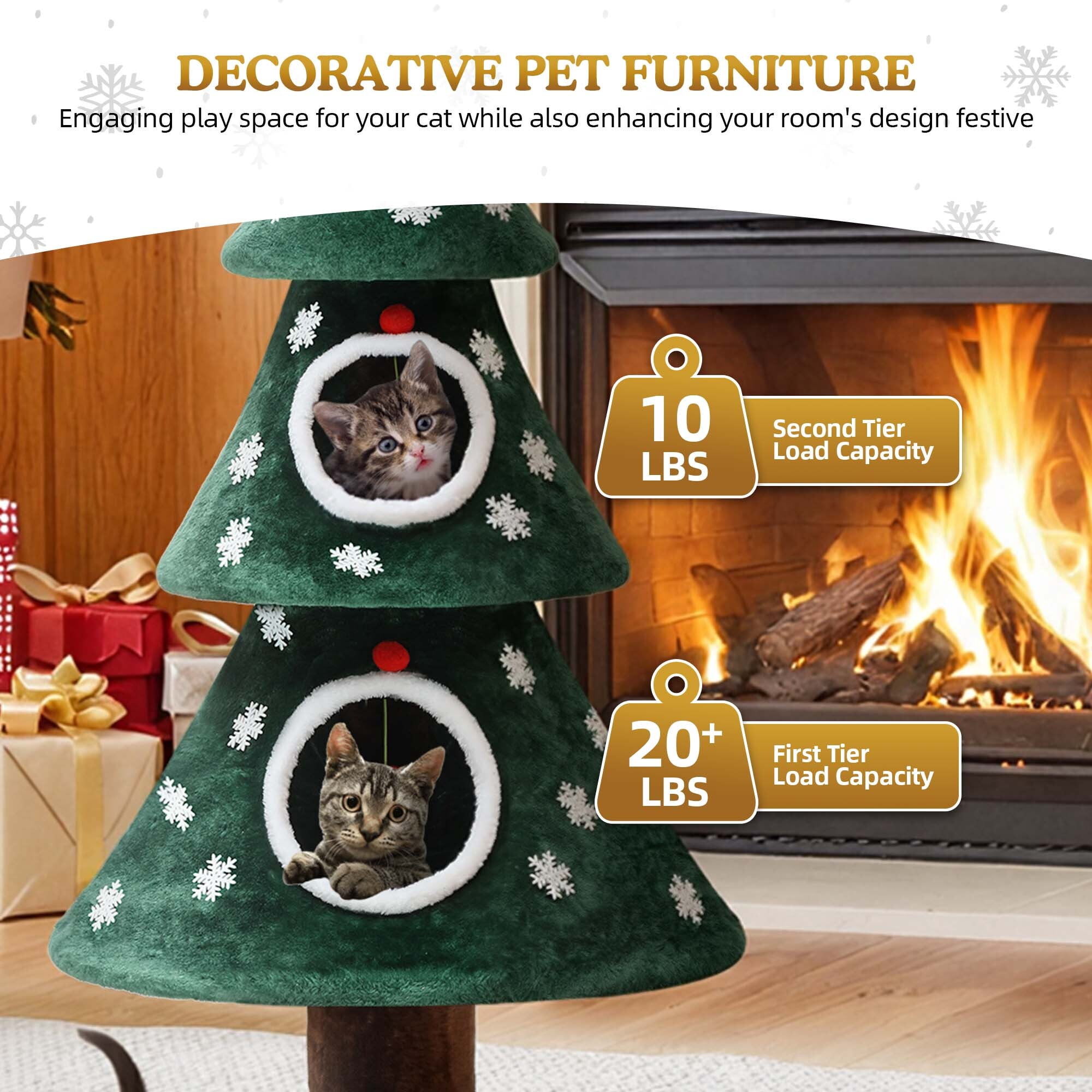 Uforic 52 Inch Christmas Tree Style Cat Tower with 2 Cat Houses, DIY Snowflake & Star Festive Decor, Green