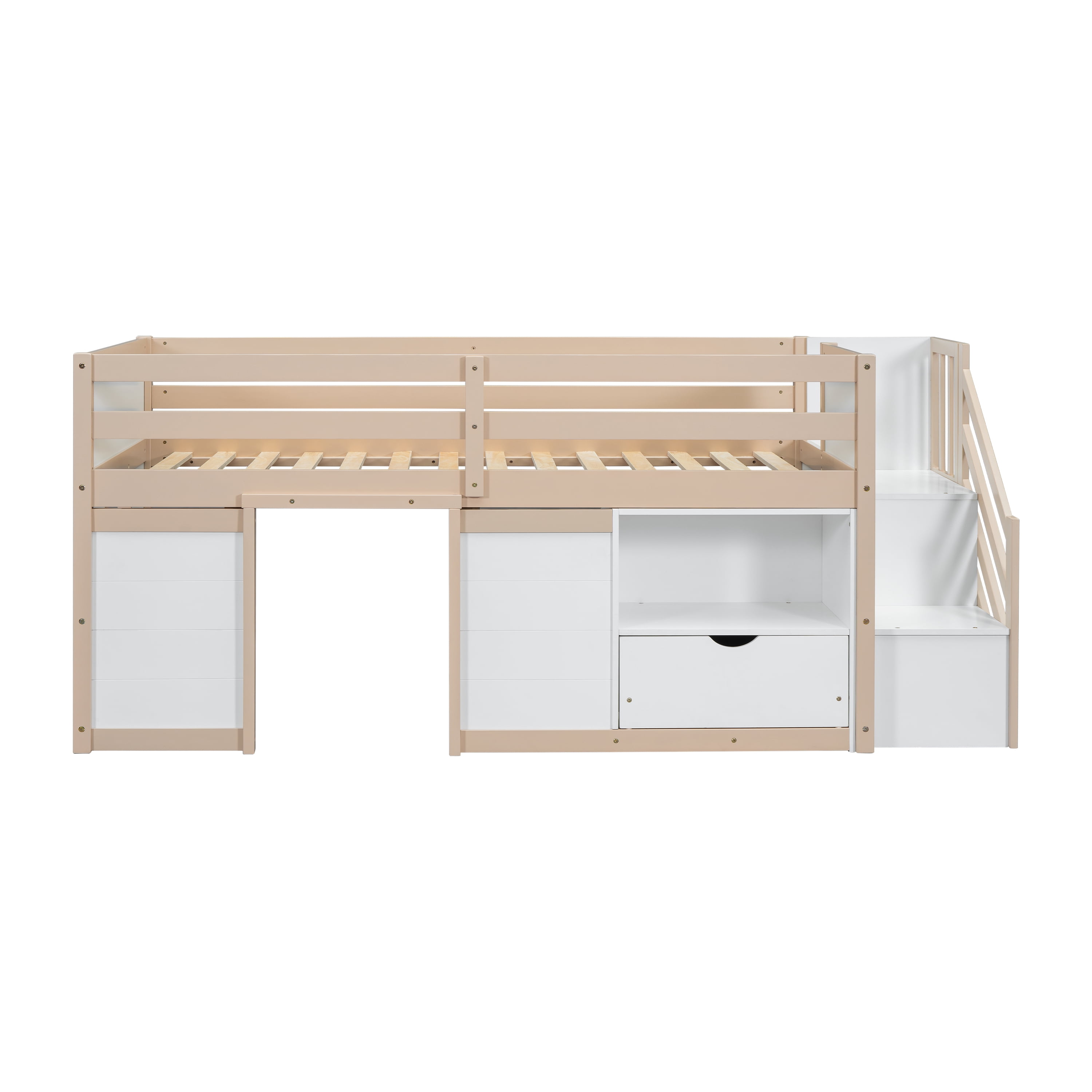 Leumius Twin Size Loft Bed with Storage Stairs and Storage Drawers,Solid Wood Bed Frame with Large Under-Bed Space,Cream White