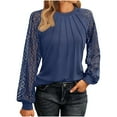 thumbnail image 2 of Fznquz Blue Women's Tops Lace Dressy Plain Shirts Crew Neck Long Sleeve Pleated Women's Blouses S, 2 of 6