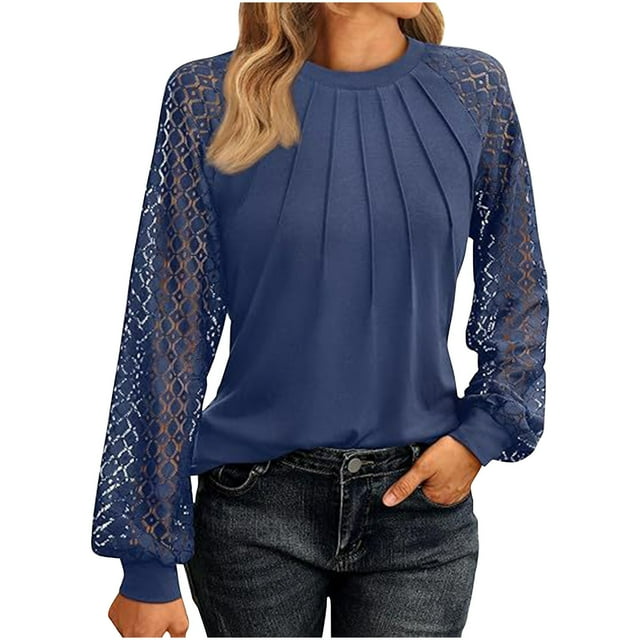 MeetoTime Hauts pour Femmes en Dentelle Manches Longues Plissés Col Rond Chemises Habillées Décontractées Blouses de Travail