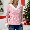 thumbnail image 4 of larppty Women's Faux Fur Trim V-Neck Sweater | Festive Christmas Graphic Long Sleeve Holiday Top (Pink, L), 4 of 5