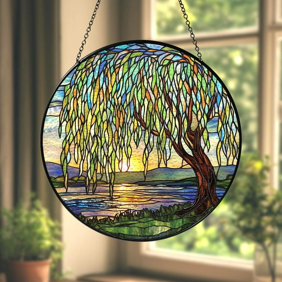 Weeping Willow Faux Stained Glass Suncatcher Willow Tree Window Hanging, Nature Lover Home Decor, Tree Gift Art