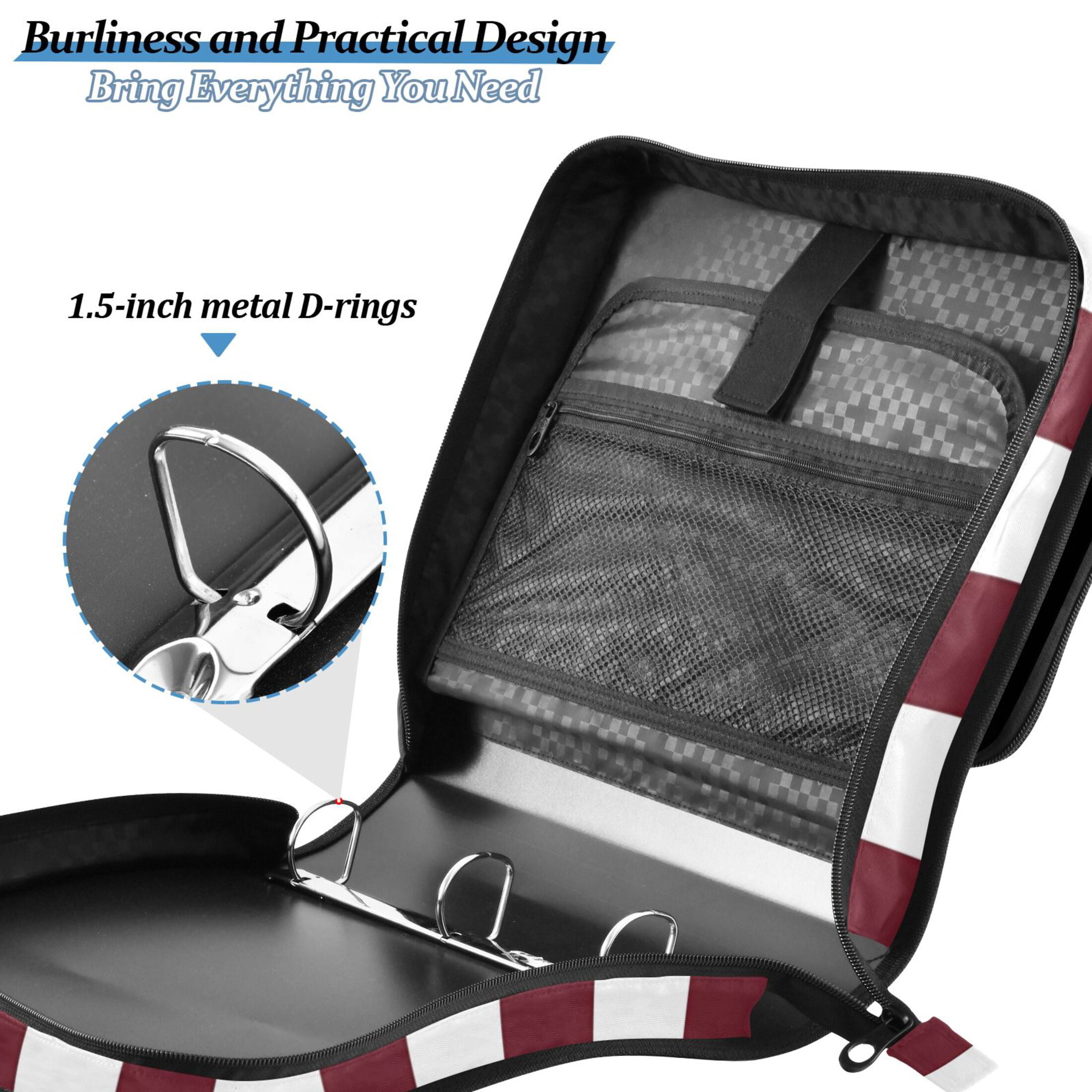 3 Ring Zipper Binder with Shoulder Strap Waterproof Trapper Keeper 2 Inch D-Ring 500 Sheets Capacity Dark Red and White Striped