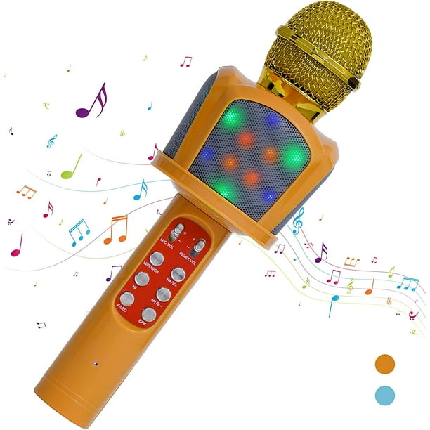 Microphone de karaoké sans fil Bluetooth pour enfants Machines de karaoké  Jouets 3-16 ans Filles Enfants, Microphone de karaoké portable 4 en 1  Haut-parleur Lecteur Enregistreur USB rechargeable avec lumières LED  Champagne 