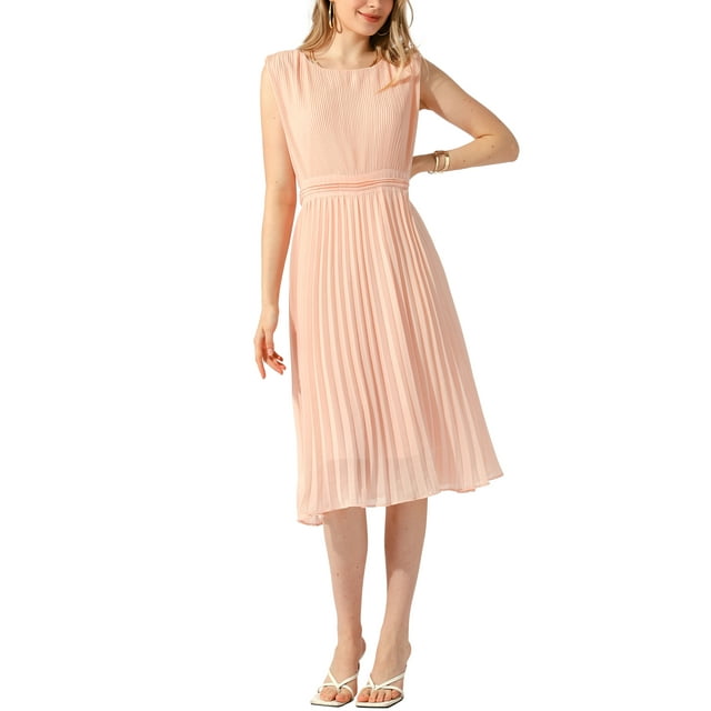 Vestido Plisado ATHLECHIC para Mujer, Cintura Alta, Con Cierre en la Parte Posterior, Cuello Redondo, Sin Mangas, Largo, Color Rosa