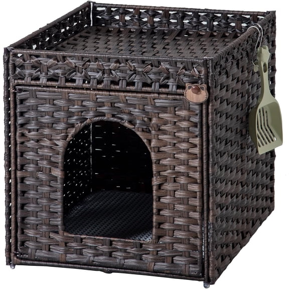 Cat Litter Box Enclosure, PE Rattan Hidden Kitty House, Brown