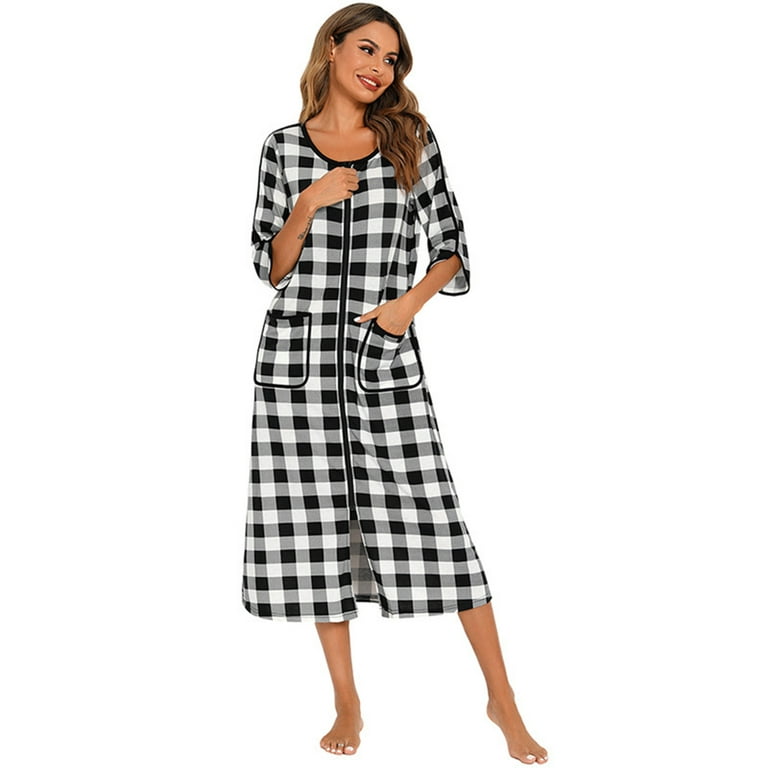 Women Buffalo Plaid Zipper Up Nightgown with Pockets Round Neck Half Sleeve Full Length Soft Sleepdress Sleep Shirt Cotton Comfy Christmas Pajamas